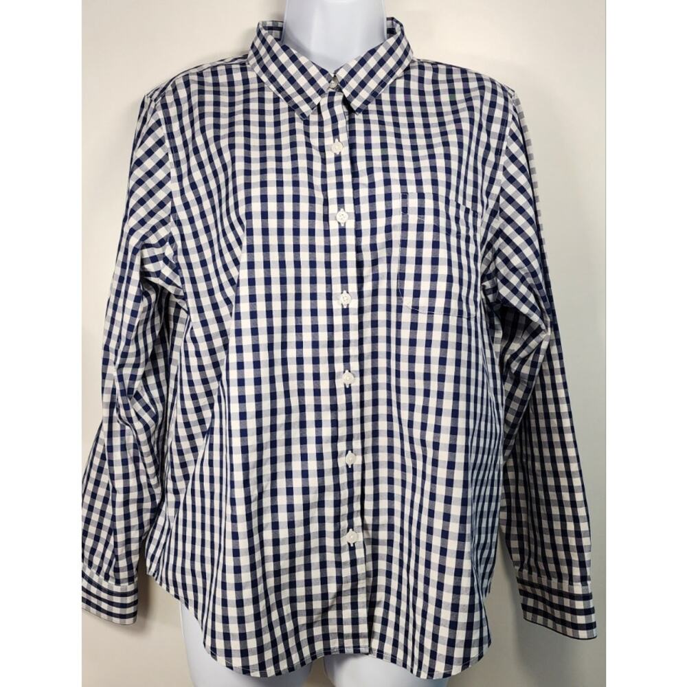 L.L.Bean Wrinkle Free‎ Gingham Button Up Shirt Women's L Petite Blue Cotton